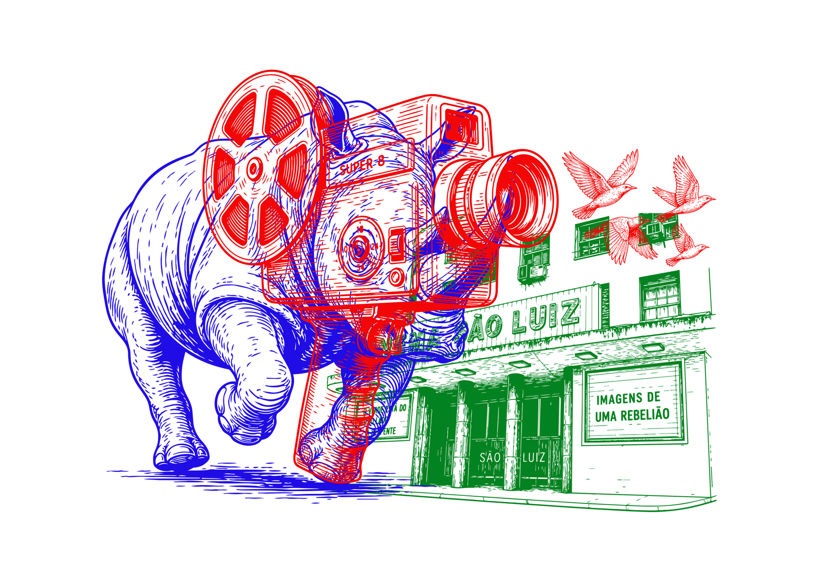 Arte: Luciano Mattos Ilustração de um elefante passando em frente ao Cinema São Luiz. Em sua cabeça tem a sobreposição da imagem de uma câmera de cinema e pássaros voando